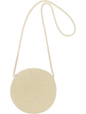 Women's Beige Small Round Straw Crossbody Bag Beach Handbag Purse for Summer